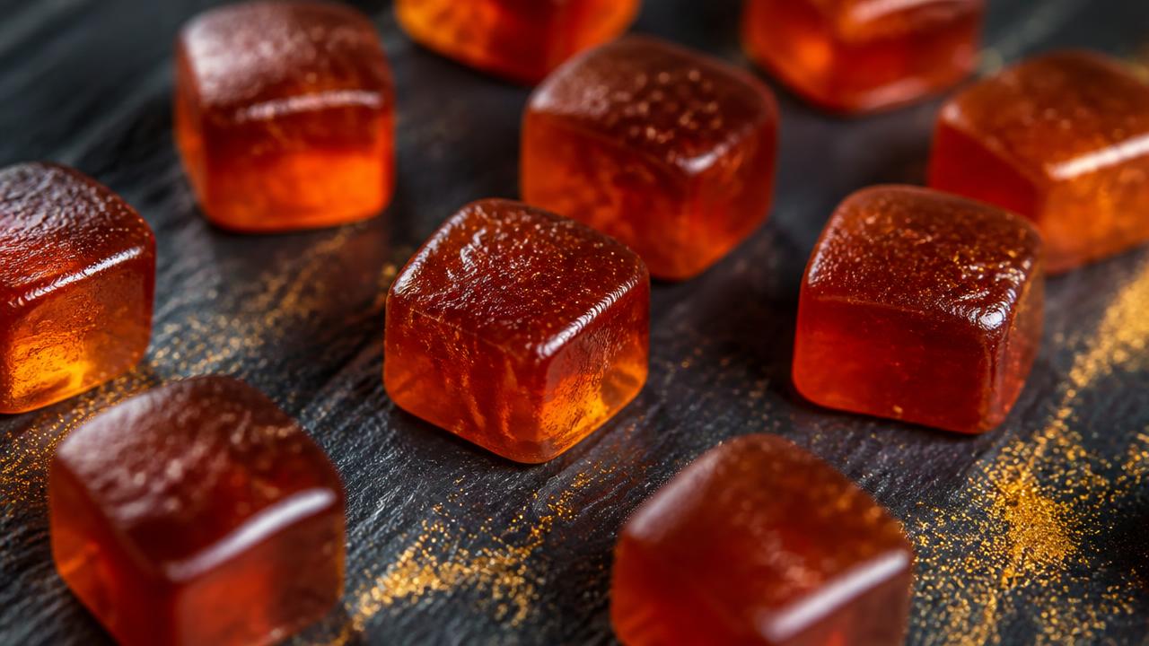Close-up of PRIME MAN chewable vitality gummies on dark slate