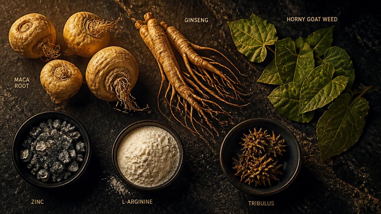 Maca root, ginseng, horny goat weed, zinc, L-arginine and tribulus ingredients