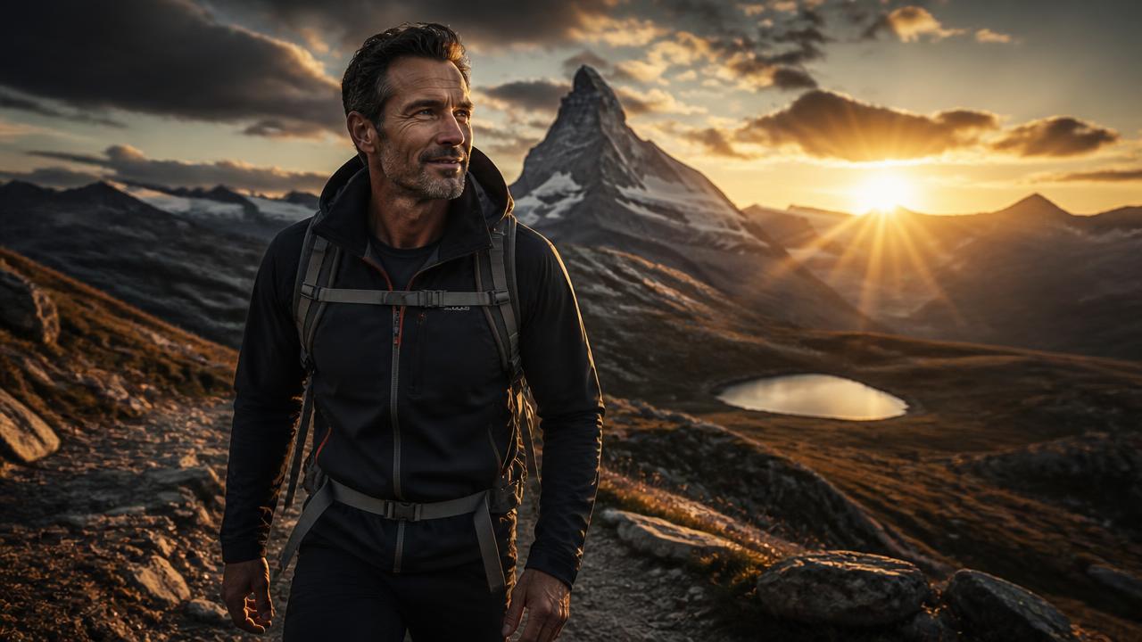 Active Swiss man hiking in the Alps at sunrise