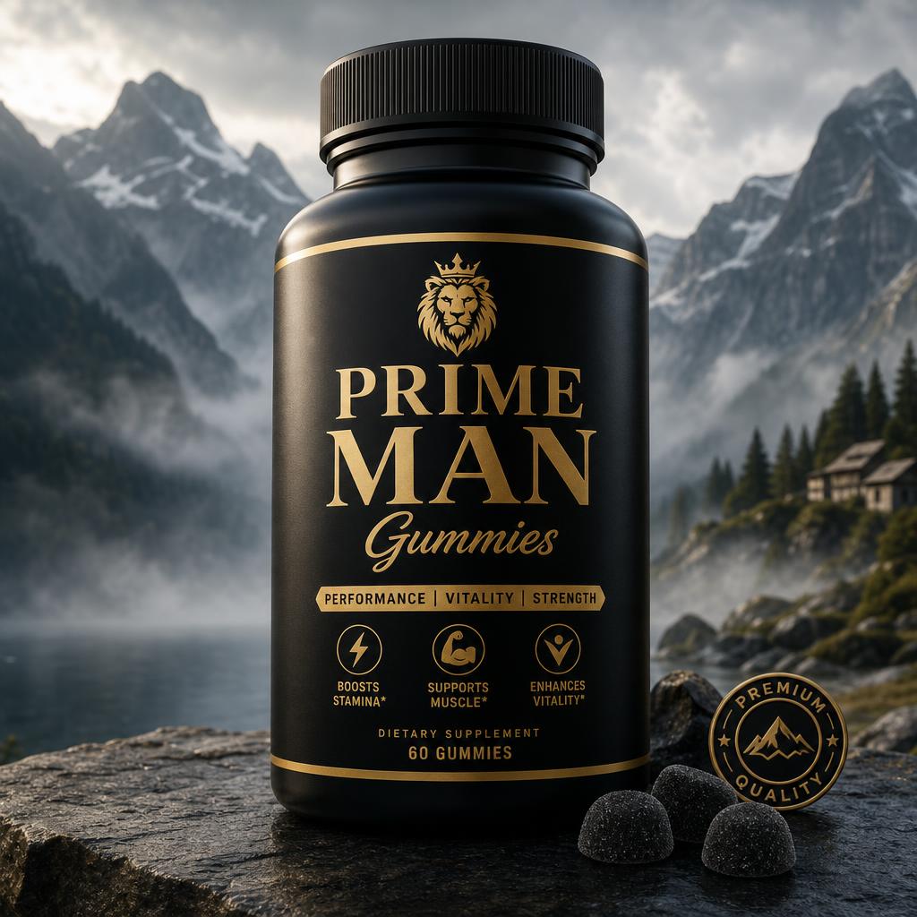 PRIME MAN Gummies bottle photographed against the Swiss Alps